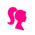 Young woman with long hair, head, female profile, pink silhouette.