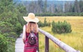 Young woman with long hair and a straw hat - walks along a wooden sidewalk - back view Royalty Free Stock Photo