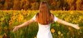 Young woman with long hair in sunflower Field with hands up. girl outdoors enjoying nature Royalty Free Stock Photo