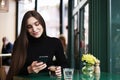 Young woman with long hair texting by mobile phone, smiling, drinking coffee having rest in cafe near window. Royalty Free Stock Photo