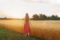 Young woman with long hair walks along wheat field at sunset Royalty Free Stock Photo