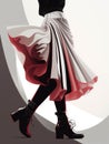 A young woman in a long pleated skirt and velvet platform boots her face painted in black white and red. Gothic art. AI Royalty Free Stock Photo