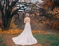 Young woman in long tulle lace white dress posing in fantasy autumn forest. Royalty Free Stock Photo