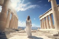 Young woman in a long white dress on the background of the Parthenon, Greece, Female tourist standing in front of the Parthenon,