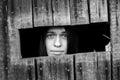 Young woman looking through the crack of a locked wooden shed Royalty Free Stock Photo