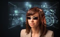 Young woman looking with futuristic smart high tech glasses Royalty Free Stock Photo