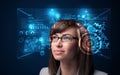 Young woman looking with futuristic smart high tech glasses Royalty Free Stock Photo