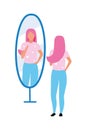 Young woman looking at mirror semi flat color vector character