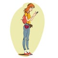 Young woman looking at smartphone. Navigation map or the game