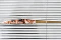 Young woman looking through Venetian blinds Royalty Free Stock Photo