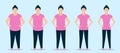 Young woman losing weight while doing fitness. Stages of body change. Vector illustration