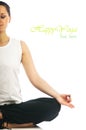 Young woman in lotus pose making ohm mudra gesture