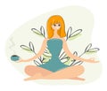 Young woman in the lotus position on the background of plants. A bright blonde is doing yoga in nature. Cute girl is