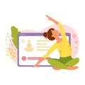 Young woman in lotus position, does exercises in background of tablet screen with yoga training site