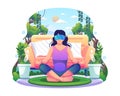 A young woman in lotus posture wearing VR glasses practices yoga and meditation in nature simulation at home Royalty Free Stock Photo