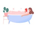 Young Woman Lying in Bathtub Full of Soap Foam and Reading Book, Person Relaxing, Reducing and Managing Stress Cartoon