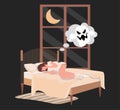 Young woman lying in bed at night and has nightmare with ghost vector flat illustration. Sleeping disorder concept. Royalty Free Stock Photo