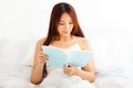 young Woman lying in bed while reading a book Royalty Free Stock Photo