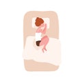Young woman lying in bed and sleeping in fetal position. Female cartoon character relaxing during night slumber. Cute