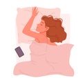 Young woman lying on belly and hugging cozy pillow to sleep with sweet dreams, female character napping in bedtime