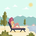 Young woman lying on deckchair with cocktail. Girl enjoying on sunlounger. Vector illustration on summer vacation beach
