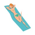 Young Woman Lying on Her Stomach Sunbathing on Beach, Girl Enjoying Summer Vacation Vector Illustration