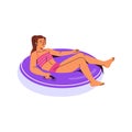 Young woman lying, relax on colourful inner tube at swimming pool, beach. Girl sunbathing on water, floating on Royalty Free Stock Photo