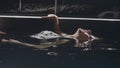 Young woman lying on smooth surface water in swimming pool on dark background Royalty Free Stock Photo