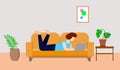 Young woman lying on sofa with laptop at home. E-learning, work at home or online education. Vector illustration Royalty Free Stock Photo