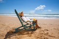 Young woman lying in straw hat in sunglasses on beach Royalty Free Stock Photo