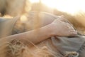 Young woman lying on wheat field in summer at sunset touching belly, future mother relaxing on nature, healthy pregnancy Royalty Free Stock Photo