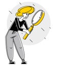 Young woman with magnifying glass outline vector illustration, making some inquiry and collecting data for analysis, exploration