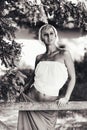 Young woman into Maid standing near a wooden fence Royalty Free Stock Photo