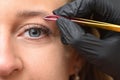Young woman makes eyebrow correction with tweezers. Eye and tweezers close up Royalty Free Stock Photo