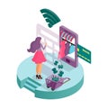 A young woman makes a purchase in the online store of women`s clothing. Isometric 3D icon. Infographics