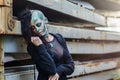 Young woman with makeup of green skull for halloween Royalty Free Stock Photo
