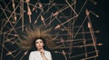 Young woman making decision with arrows written on school blackboard above head, brainstorming concept, girl finding solution in