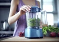 Young woman making healthy vegan smoothie cocktail in kitchen.Macro.AI Generative