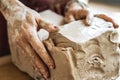 Craftsperson Concept. Young woman making pottery indoors modeling clay hands close-up