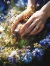 Young woman making a wreath of wildflowers, outdoors on a sunny day. Midsummer celebration, Scandinavian tradition. Generative AI Royalty Free Stock Photo