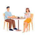 Young woman and man in cafe with coffee or tea and cakes. Two happy people sitting on chairs at table with cups and Royalty Free Stock Photo