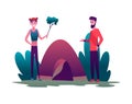 Young woman and man couple hiking with tent. Concept friend characters with equipment in journey on hills. Discovery Royalty Free Stock Photo
