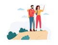 Young woman and man hiking in mountains. Couple having summer trip on nature. Female and male characters