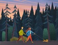 Young woman and man holding each other`s hand, walking outdoor with dog along the forest road Royalty Free Stock Photo