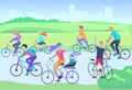 Young woman and man ride the bike in the park, family and friends riding bicycles. Mom, dad and children on bikes at Royalty Free Stock Photo