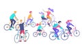 Young woman and man ride the bike in the park, family and friends riding bicycles. Mom, dad and children on bikes at Royalty Free Stock Photo