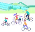 Young woman and man ride the bike in the park, family and friends riding bicycles. Mom, dad and children on bikes at park cycling Royalty Free Stock Photo