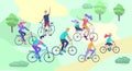 Young woman and man ride the bike in the park, family and friends riding bicycles. Mom, dad and children on bikes at Royalty Free Stock Photo