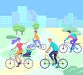 Young woman and man ride the bike in the park, family and friends riding bicycles. Mom, dad and children on bikes at Royalty Free Stock Photo