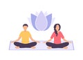 Young woman and man are sitting in padmasana pose and meditating Royalty Free Stock Photo